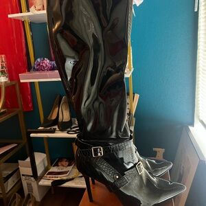 Shoe Dazzle Black Heeled Boots with Buckle Straps